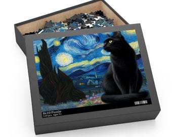 black cat starry night puzzle , cat picture puzzle, black cat decor, cat lover gifts, birthday gift, difficult puzzle, christmas gift