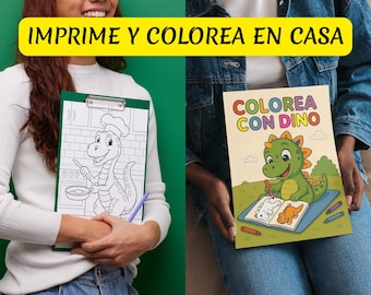 May include: Two coloring pages are held by people. One shows a chef dinosaur, the other a dinosaur coloring. The text "IMPRIME Y COLOREA EN CASA" is in a yellow rectangle above. The other page says "COLOREA CON DINO".