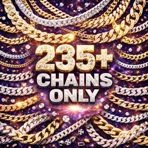 Puede incluir: Una variedad de cadenas de oro y plata con detalles de diamantes. La imagen presenta el texto "235+ CHAINS ONLY" en una fuente brillante con forma de diamante, sobre un fondo oscuro y estrellado. Se muestran varios estilos de cadenas.
