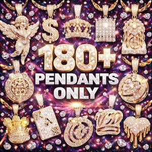 Może przedstawiać: Kolekcja złotych wisiorków inkrustowanych błyszczącymi kamieniami szlachetnymi. Wisiorki mają różne wzory, w tym anioła, znak dolara, korony i serce. Obraz zawiera tekst "180+ Pendants Only."