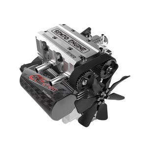 May include: A detailed, top-down view of a small, silver and black engine. The engine has the text "SEMTO ENGINE" and "EG START" printed on it. A black fan and belt are also visible.
