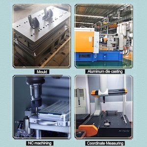 May include: A collection of images illustrating industrial processes. The images depict a mould, aluminium die casting, NC machining, and coordinate measuring. Each image is labelled with its process name, offering a clear overview of manufacturing stages.