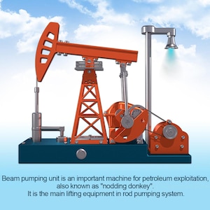 May include: An orange and blue beam pumping unit, also known as a nodding donkey, set against a blue sky. The machine features an orange beam and a tall, orange support structure. Text at the bottom reads: Beam pumping unit is an important machine for petroleum exploitation, also known as "nodding donkey".