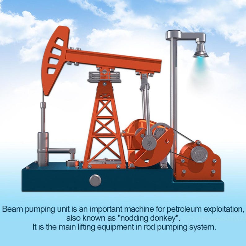 May include: An orange and blue beam pumping unit, also known as a nodding donkey, set against a blue sky. The machine features an orange beam and a tall, orange support structure. Text at the bottom reads: Beam pumping unit is an important machine for petroleum exploitation, also known as "nodding donkey".
