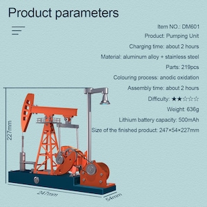 May include: A detailed model of a pumping unit in orange and silver, with a blue base. The model measures 24.7cm long, 5.4cm wide, and 22.7cm high. It weighs 636g and is made from aluminum alloy and stainless steel.