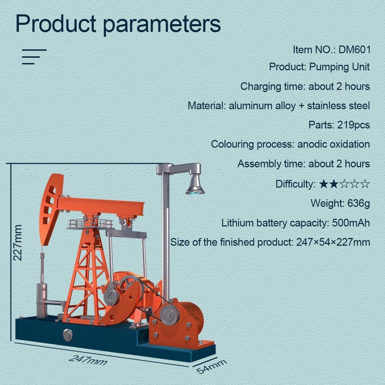 May include: A detailed model of a pumping unit in orange and silver, with a blue base. The model measures 24.7cm long, 5.4cm wide, and 22.7cm high. It weighs 636g and is made from aluminum alloy and stainless steel.