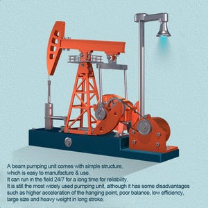May include: A model of an orange and blue beam pumping unit. The model includes a walking beam, a motor, and a support structure. The unit is designed for oil extraction. The model is set against a light blue background.