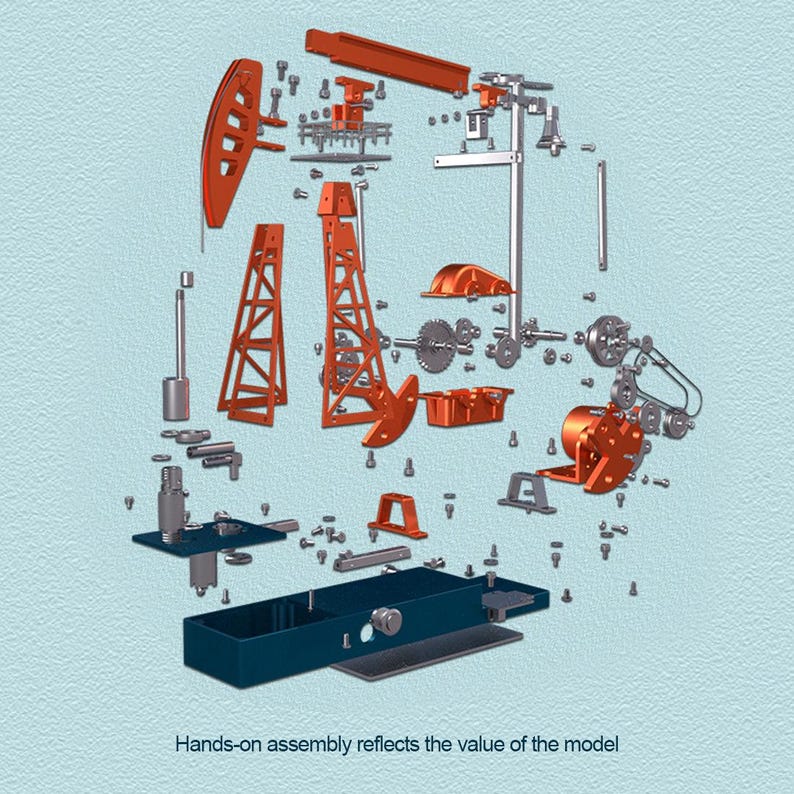 May include: An exploded diagram of an oil derrick model, showing orange and silver components. The model is taken apart, with gears, beams, and a base scattered. The text "Hands-on assembly reflects the value of the model" is visible.