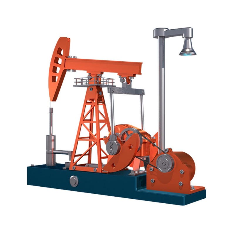 May include: A model oil pump jack in orange and blue. The model has a red-orange walking beam, a dark blue base, and a silver light fixture. The pump jack is a detailed representation of an oil extraction machine.