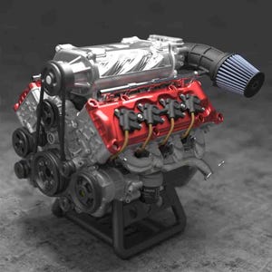 May include: A detailed image of a car engine, showcasing its intricate components. The engine features a silver supercharger, red valve covers, and a black air intake with a blue filter. The engine is mounted on a black stand, highlighting its mechanical design.