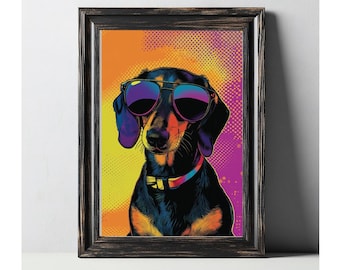 Dachshund Pop Art Print – Funky Dog Wall Art, Digital Download Poster, Cool Wiener Dog Decor, Pet Lover Gift, Pop Culture Dog Art Printable