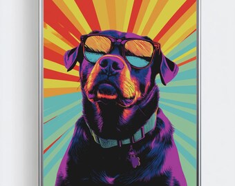 Puede incluir: Un perro Rottweiler con gafas de sol sobre un fondo colorido de estilo retro.