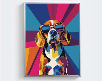 Beagle Pop Art con gafas de sol – Descarga digital – Impresión Pop Art de Beagle – Arte mural digital divertido para amantes de las mascotas