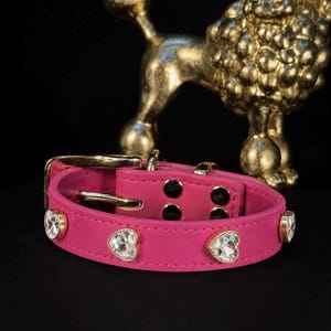 Luxury Hot Pink Leather Dog Collar with Crystal Heart Accents