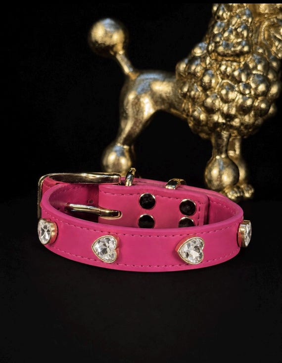 Luxury Hot Pink Leather Dog Collar with Crystal Heart Accents