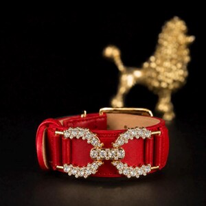 Rode leren hondenhalsband – kristalgouden gesp, glamoureus huisdieraccessoire