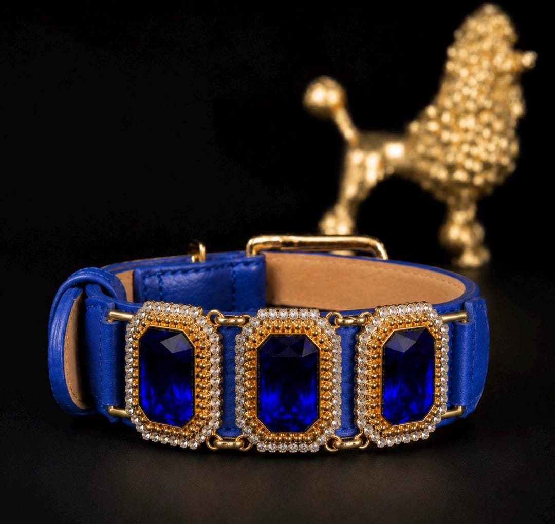 Sapphire Blue Dog Collar Rhinestone, Gold Crystal Leather Dog Collar ...