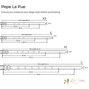 Puede incluir: Una tabla de tallas para collares de perro Pepe La Pue en tallas XS, S, M y L. Cada collar incluye una hebilla, dos trabillas y recortes en forma de coraz&oacute;n. Las dimensiones est&aacute;n en cent&iacute;metros, de 28 cm a 54 cm de longitud total.