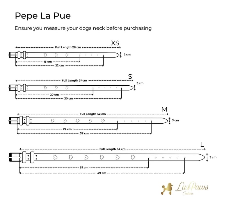 Puede incluir: Una tabla de tallas para collares de perro Pepe La Pue en tallas XS, S, M y L. Cada collar incluye una hebilla, dos trabillas y recortes en forma de coraz&oacute;n. Las dimensiones est&aacute;n en cent&iacute;metros, de 28 cm a 54 cm de longitud total.