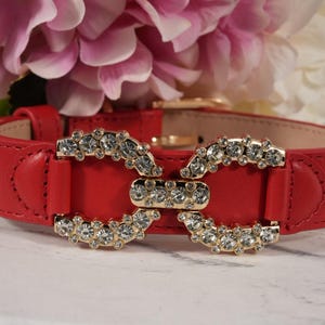 Luxury Red Leather Dog Collar with Crystal Gold Buckle – Rhinestone Pet Collar for Small to Large Dogs – Glam Dog Accessor