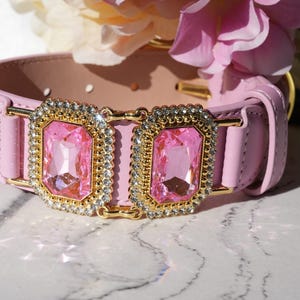 Op de afbeelding: Een lichtroze hondenhalsband met twee grote, rechthoekige roze edelstenen omringd door kleine, heldere kristallen. De edelstenen zijn gezet in goudkleurig metaal. De halsband is gemaakt van roze leer en heeft goudkleurige hardware.
