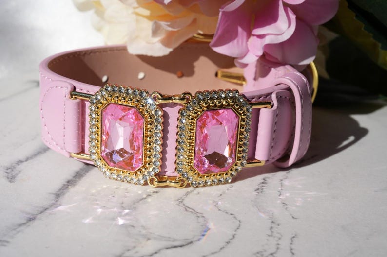 Op de afbeelding: Een lichtroze hondenhalsband met twee grote, rechthoekige roze edelstenen omringd door kleine, heldere kristallen. De edelstenen zijn gezet in goudkleurig metaal. De halsband is gemaakt van roze leer en heeft goudkleurige hardware.