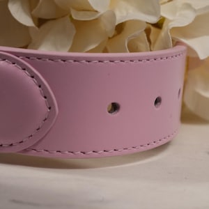 Op de afbeelding: Close-up van een lichtroze leren halsband met goudkleurige hardware en een decoratief, met juwelen bezet gedeelte. De halsband heeft twee gaten voor verstelling en is gestikt met een contrasterende draad. Zachte, witte bloemen zijn op de achtergrond.