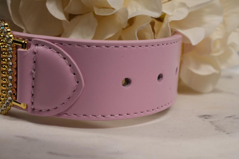 Op de afbeelding: Close-up van een lichtroze leren halsband met goudkleurige hardware en een decoratief, met juwelen bezet gedeelte. De halsband heeft twee gaten voor verstelling en is gestikt met een contrasterende draad. Zachte, witte bloemen zijn op de achtergrond.