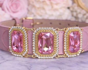 Handgemaakte designer hondenhalsband – roze kristal en goud luxe huisdieraccessoire