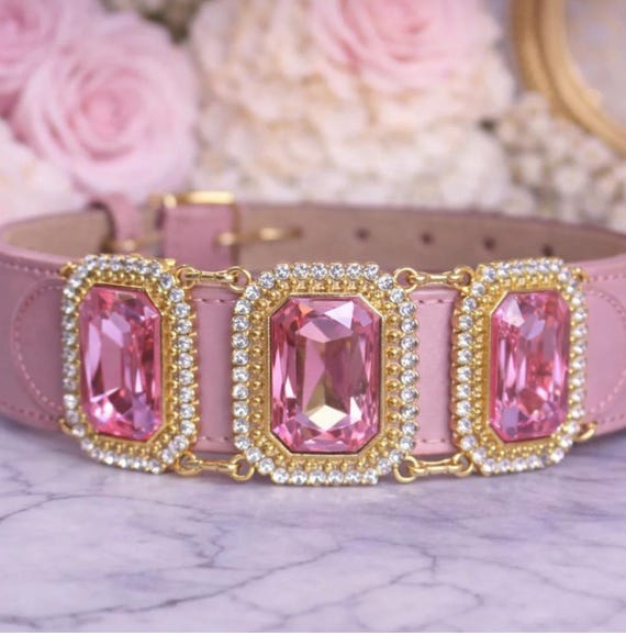 Handcrafted Designer Dog Collar – Pink Crystal & Gold Luxury Pet Accessory