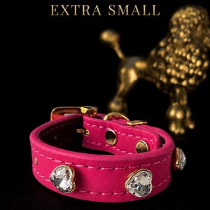 Puede incluir: Un collar para mascota de color rosa intenso con cristales transparentes en forma de coraz&oacute;n, herrajes de metal dorado y costuras blancas. El texto EXTRA SMALL aparece sobre el collar, que se encuentra sobre un fondo negro.