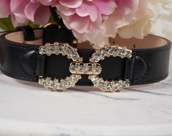 Zwarte leren hondenhalsband: strass detail, gouden hardware