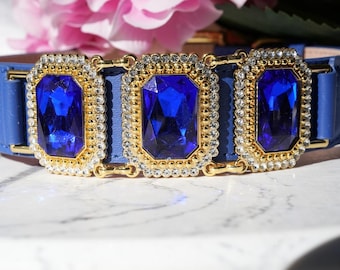 Handgemaakte designer hondenhalsband – luxe huisdieraccessoire blauw kristal en goud