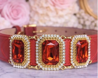 Château Éclat Crimson | Couture Red Leather Dog Collar with Rhinestones