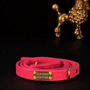 Puede incluir: Un collar para mascotas de color rosa intenso enrollado que presenta una placa de identificaci&oacute;n rectangular de metal dorado grabada con el texto LUX PAWS COUTURE. El collar incluye herrajes de metal dorado, como una anilla en D, remaches y una hebilla.