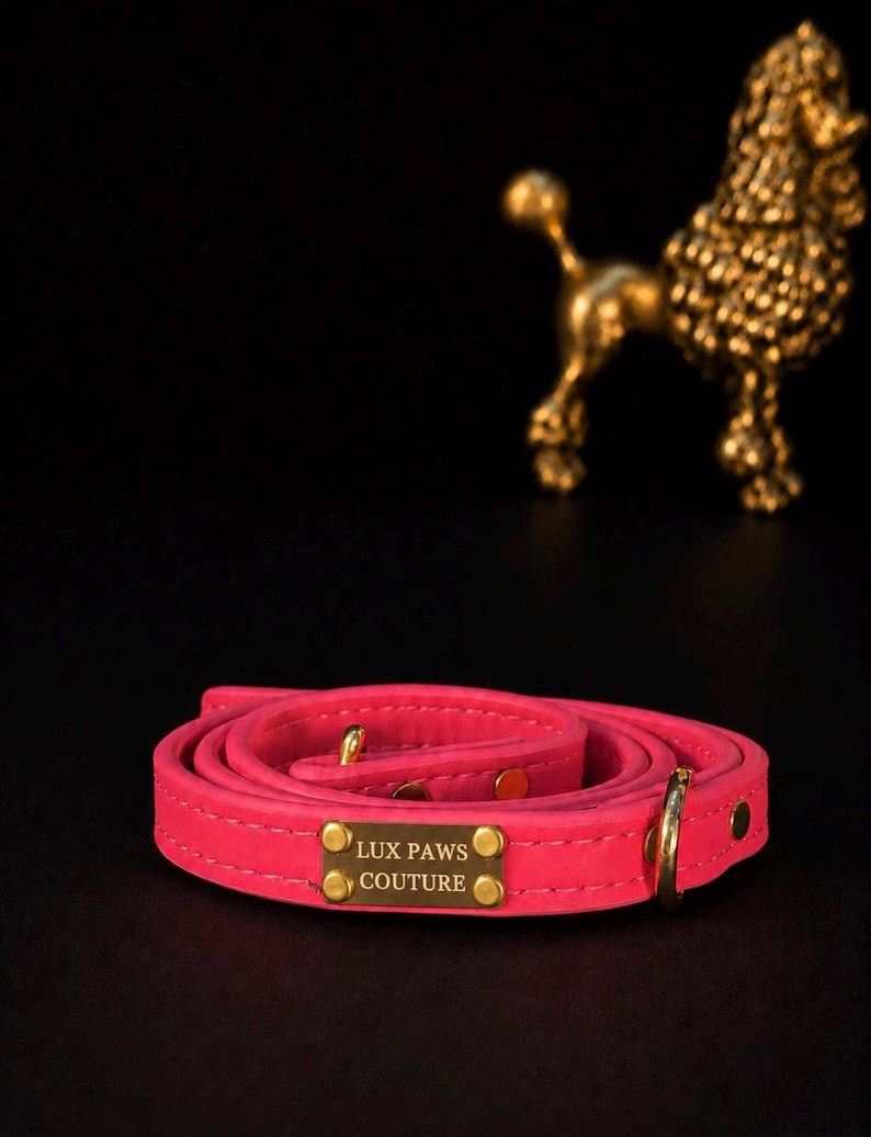 Puede incluir: Un collar para mascotas de color rosa intenso enrollado que presenta una placa de identificaci&oacute;n rectangular de metal dorado grabada con el texto LUX PAWS COUTURE. El collar incluye herrajes de metal dorado, como una anilla en D, remaches y una hebilla.