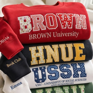 Custom Patchwork Applique Sweatshirt, Personalized School Spirit Crewneck, College Style Team Name Embroidered Sweatshirt, Class Shirt Gift