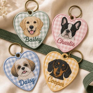 Custom Pet Portrait Keychain, Embroidered Dog Cat Tag, Personalized Gingham Bag Charm, Cute Animal Lover Gift, Scalloped Name Accessory