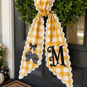 Halloween Wreath Sash, Skull Cherry Buffalo Plaid Ribbon, Spooky Front Door Decor, Custom Monogram Bow, Goth Checkered Housewarming Gift