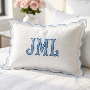 Custom Embroidered Fishtail Monogram Pillow, Personalized Linen Cushion, Scalloped Bedroom Decor, Elegant Initial Accent