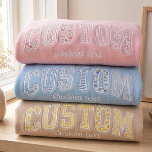 Embroidered Applique Sweatshirt, Floral Letter Custom Crewneck, Preppy Cottagecore Sweater, Sleeve Embroidery School Gift