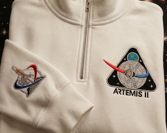 Moletom com zíper até o peito bordado da missão Artemis II, ideal para entusiastas do espaço, ideal para astronautas e fãs da NASA. Perfeito para amantes do espaço.