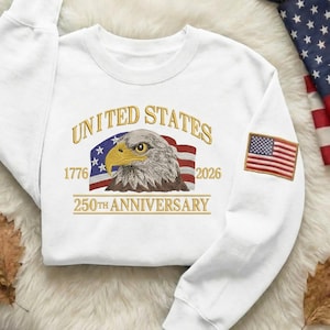 Custom American Eagle Embroidery Sweater, USA Flag Sleeve Patch Pullover, Patriotic Gift for Men Women, United States Heritage Navy Crewneck