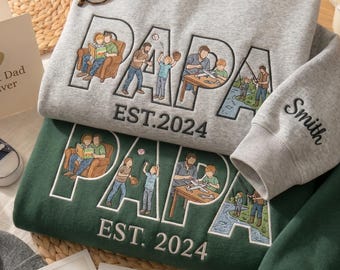 Custom Papa Sweatshirt Embroidered, Personalized Dad Crewneck, Papa EST 2024 Sweater, Fathers Day Gift for Dad, Custom Name Sleeve Shirt