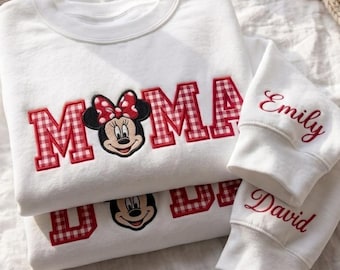Custom Embroidered Shirt, Gingham Mama Dada Sweatshirt, Mouse Ear Applique Top, Cute Theme Park Trip Apparel, Family Matching