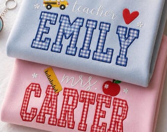 Sweatshirt met gepersonaliseerde applicatie voor leerkrachten, cadeau voor de start van het schooljaar, gepersonaliseerde trui voor docenten, geruite naamshirt