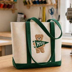 Borsa tote personalizzata per il college, borsa tote con orsetto ricamato, borsa universitaria personalizzata, borsa tote in tela regalo per lei, borsa con spirito scolastico