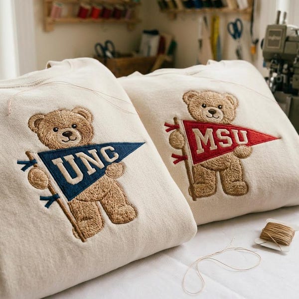 Custom College Sweatshirt, Embroidered Teddy Bear Sweatshirt, Custom University Name Pennant Shirt, Custom College Tee, Gift for collegue