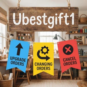 May include: A wooden sign with the text "Ubestgift1" hangs above three colorful banners. The banners read "UPGRADE ORDERS," "CHANGING ORDERS," and "CANCEL ORDERS." The banners are blue, yellow, and red, respectively, with black icons and text.