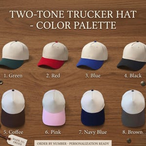 May include: A collection of eight two-tone trucker hats displayed in a grid. Each hat features a cream-colored crown and a colored brim. The colors are green, red, blue, black, coffee, pink, navy blue, and brown. Text reads TWO-TONE TRUCKER HAT.